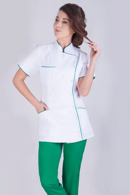 Żakiet medyczny damski biały z zieloną lamówką